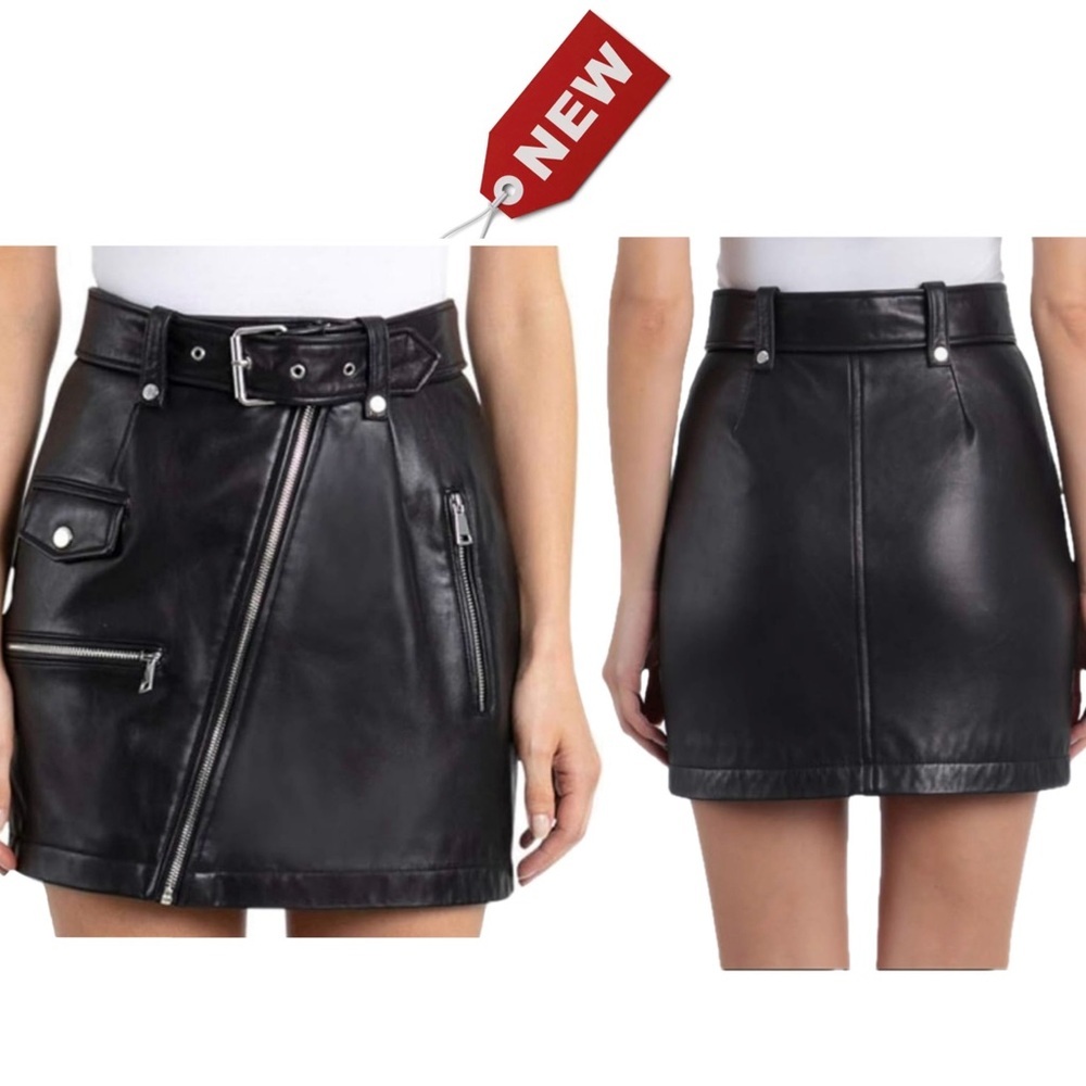7 For All Mankind black faux leather pleather moto mini skirt zipper detail Sz L